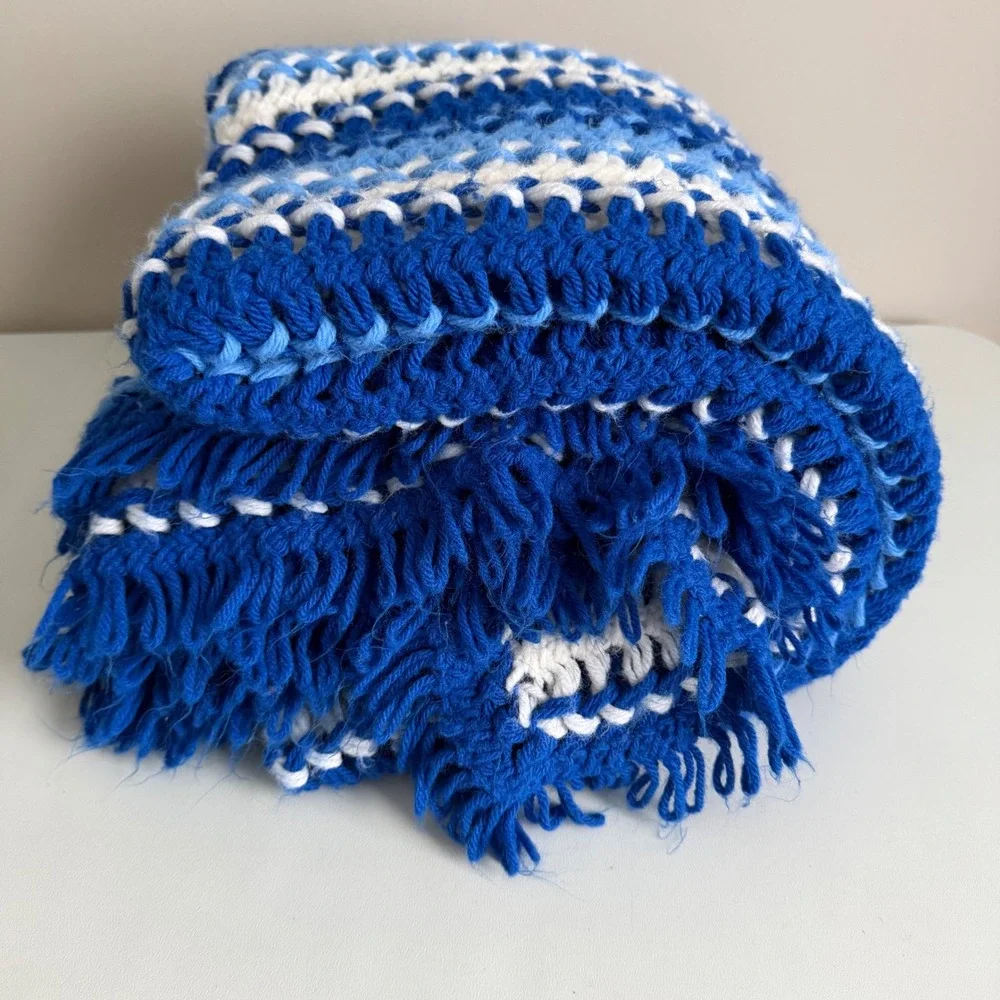 Vintage Handmade Crochet Afghan Blanket Blue White Striped Fringe Throw 97x47
